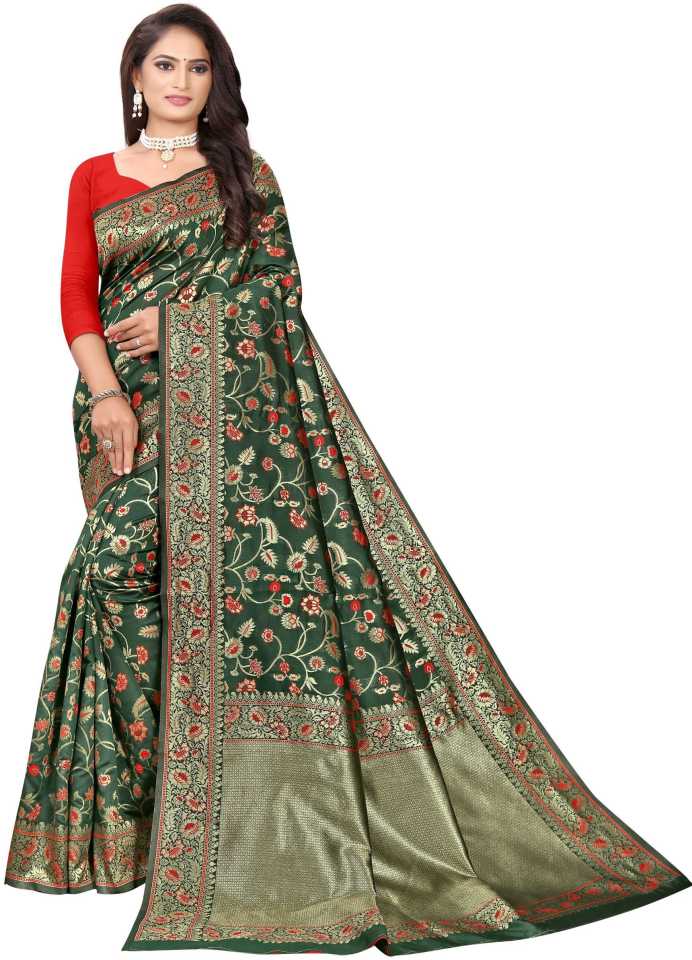 Woven Banarasi Pure Silk Saree  (Green)